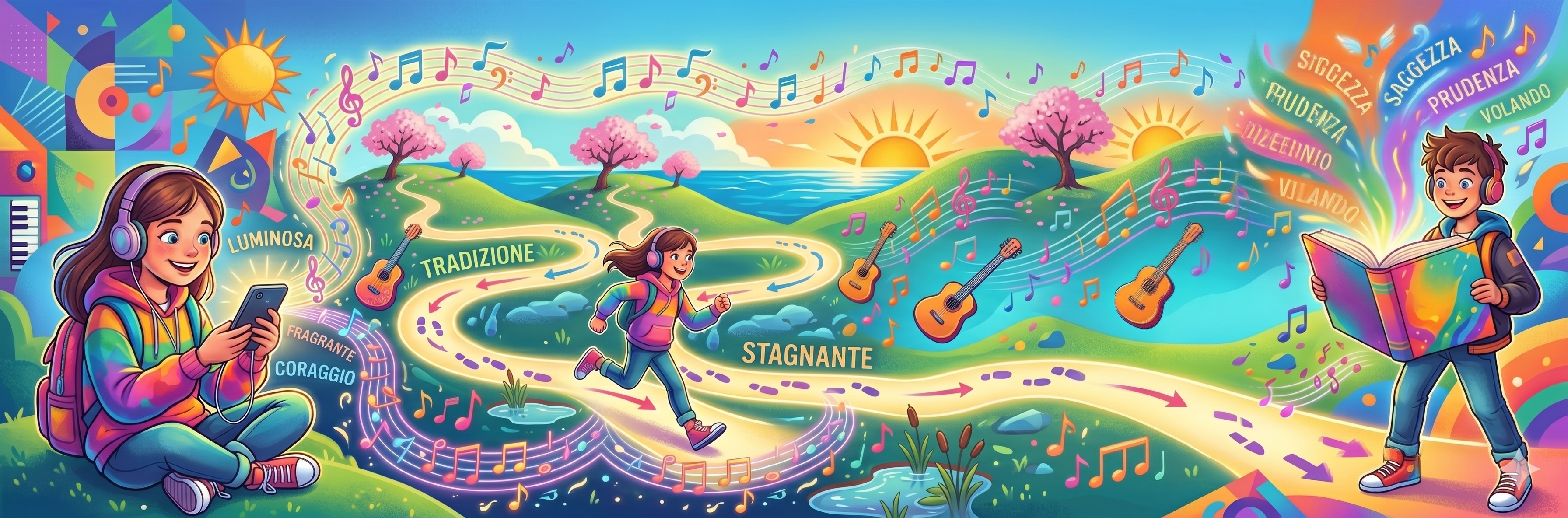 Studenti che ascoltano canzoni e raccolgono parole letterarie